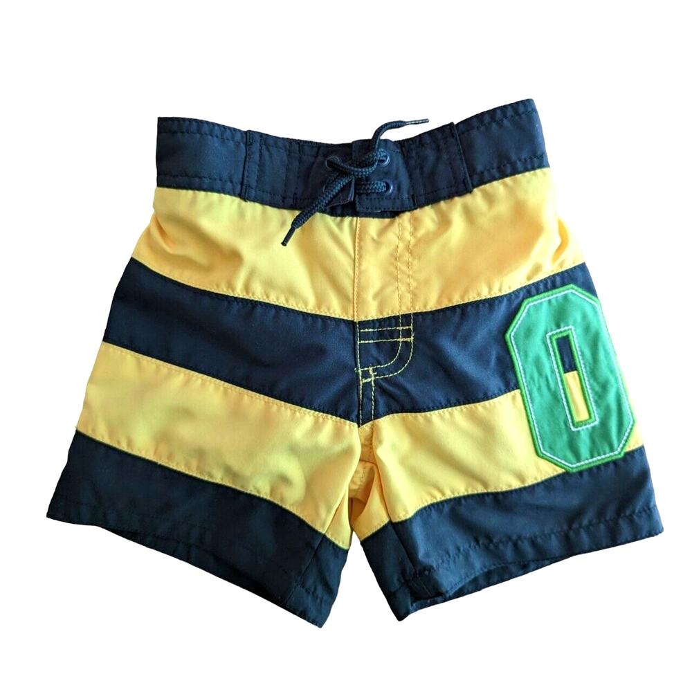 Gymboree Swim Trunks 12-18 Months Rugby Stripe UPF 50+ Retro Preppy Black Yellow